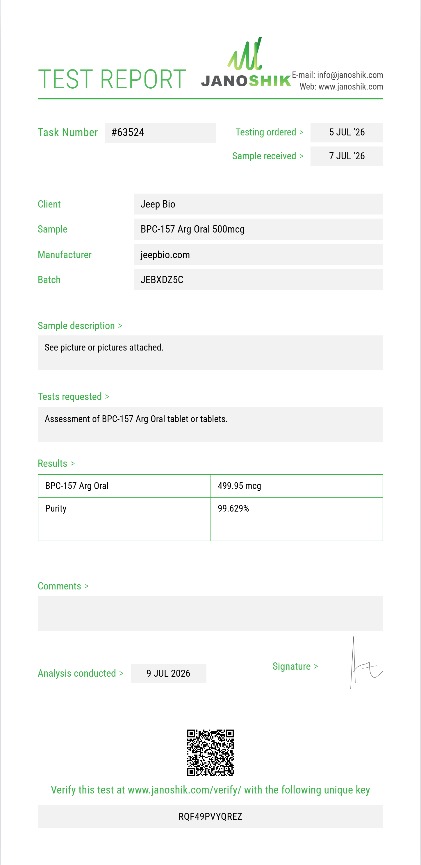 BPC-157 Arg Oral Purity (HPLC) report by Janoshik Analytical