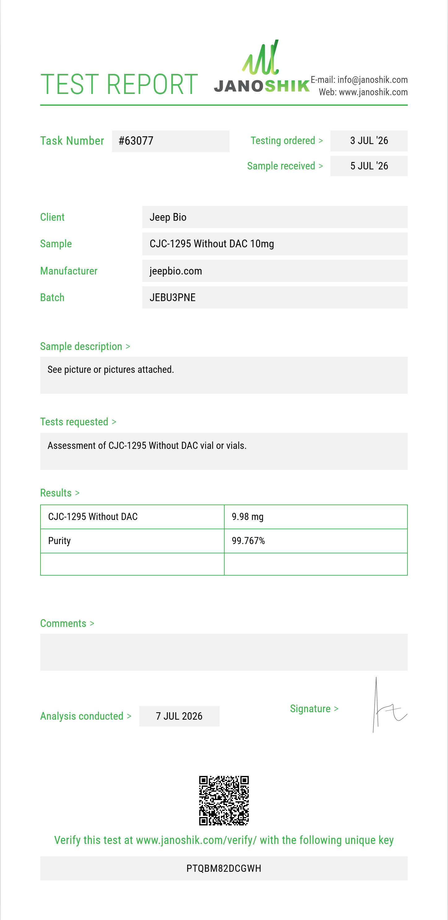 CJC-1295 Without DAC Purity (HPLC) report by Janoshik Analytical
