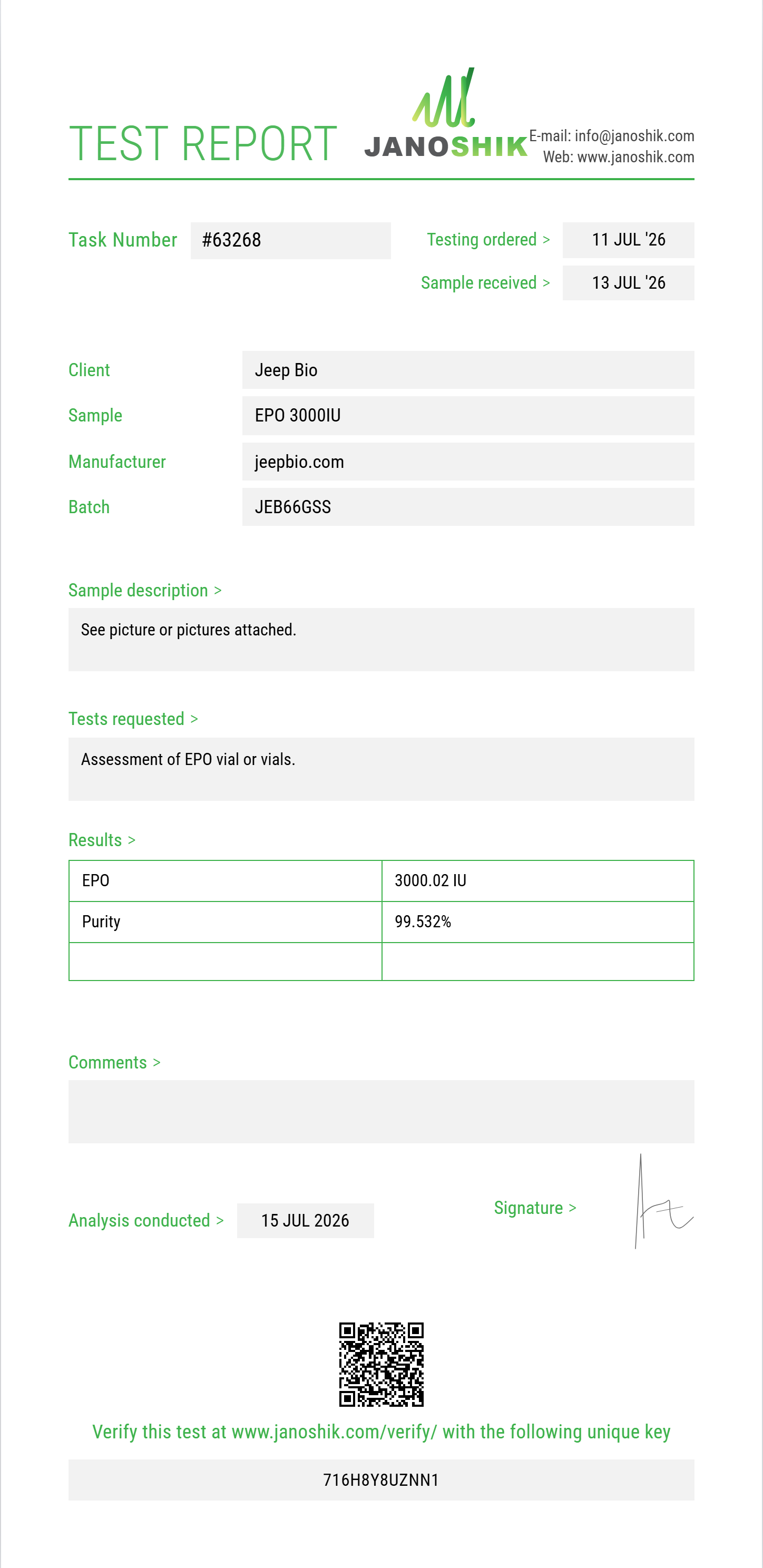 EPO Purity (HPLC) report by Janoshik Analytical
