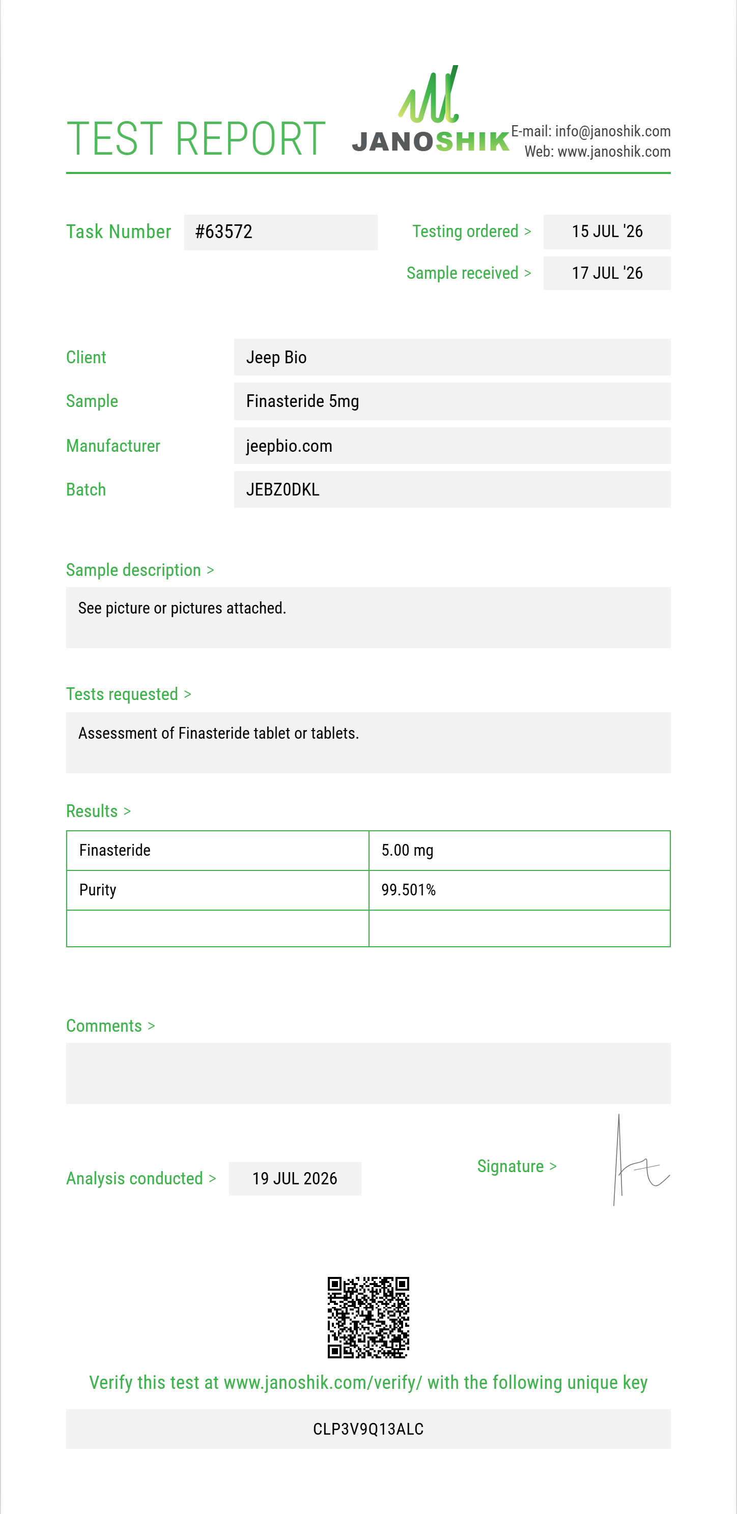 Finasteride Purity (HPLC) report by Janoshik Analytical