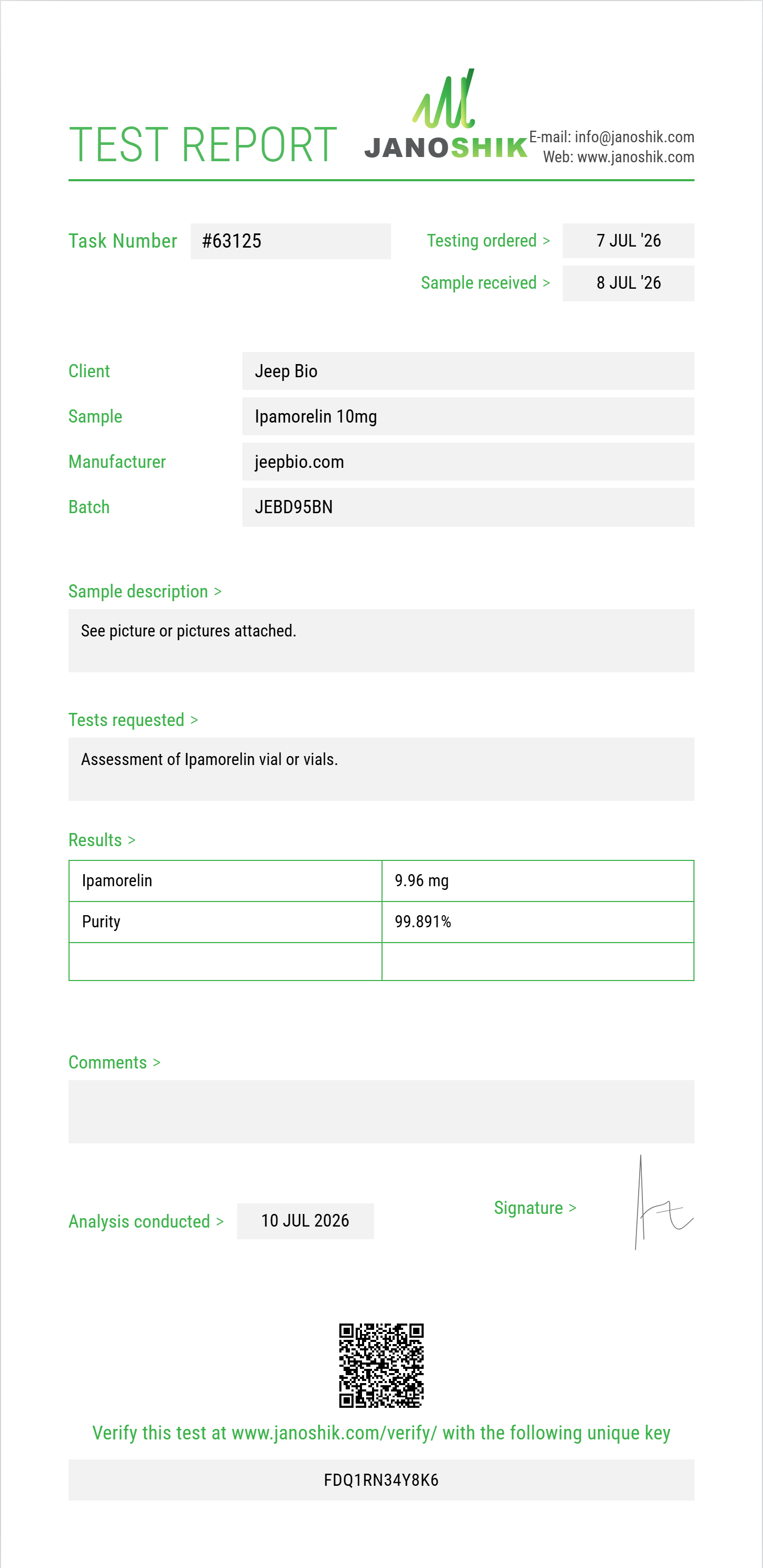Ipamorelin Purity (HPLC) report by Janoshik Analytical