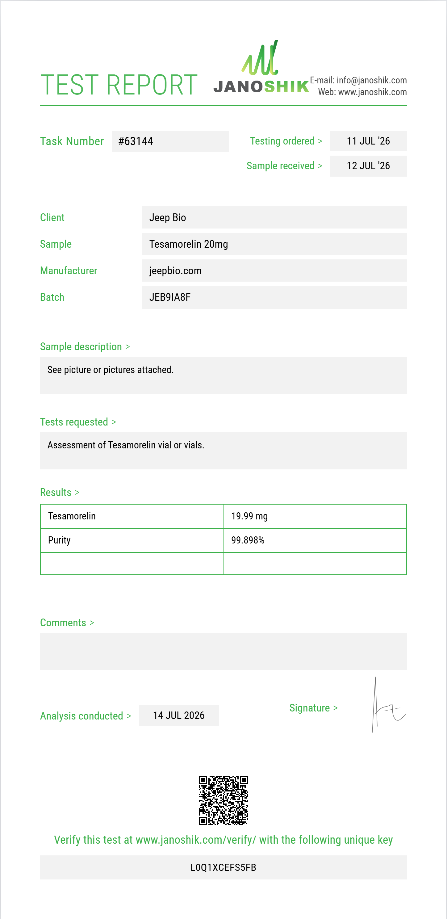 Tesamorelin Purity (HPLC) report by Janoshik Analytical